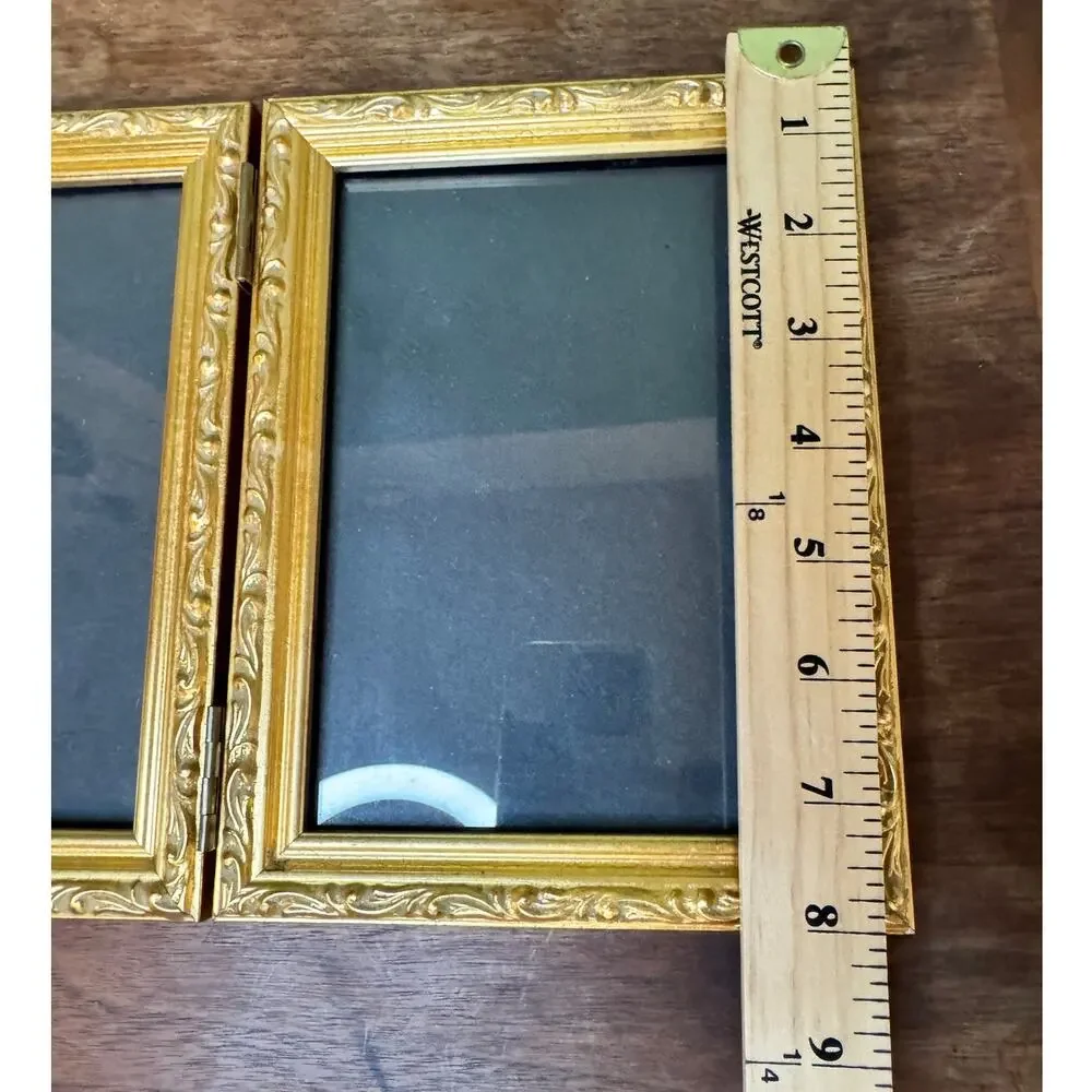 Vintage Gold Tone Hinged Double Picture Frame - 5